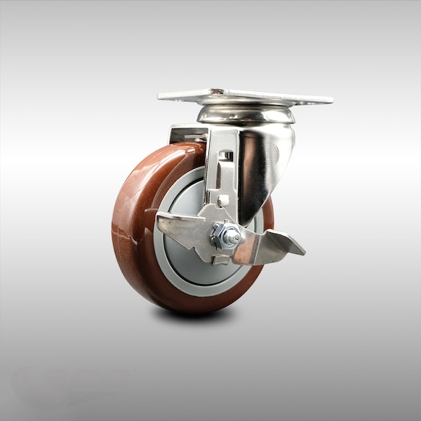 4 Inch 316SS Maroon Polyurethane Wheel Swivel Top Plate Caster with Brake SCC